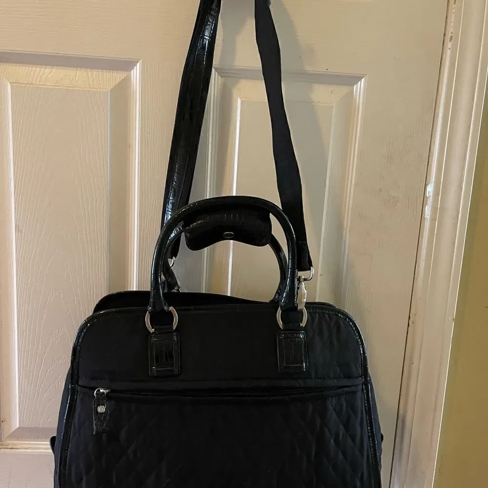 Liz Claiborne Black quilted fabric large laptop work bag silver tone hardwares